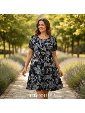 Heimish U.S.A. Floral Print Swing Dress XL Black & Blue Side seam pockets